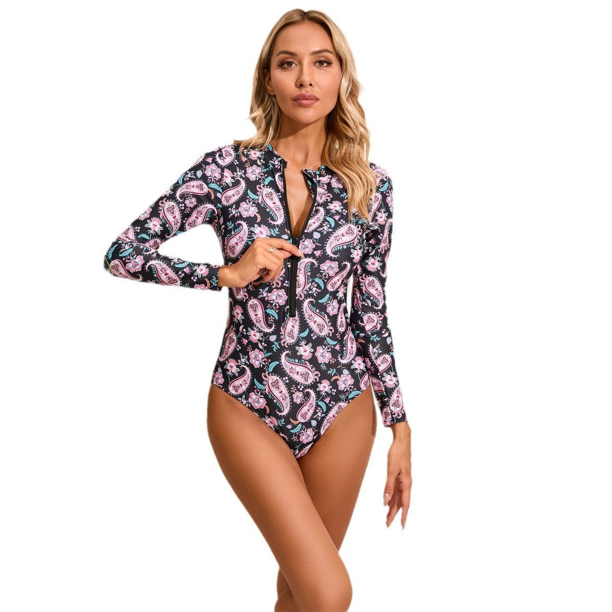 Maillot de bain une pièce femme à col montant avec zip et motif floral R&B
