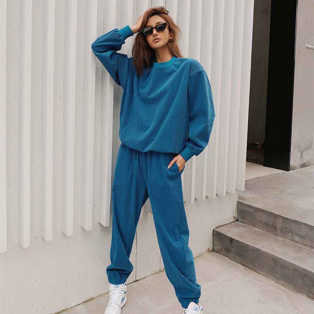 Ensemble Lounge Oversize Femme en Jersey Texturé avec Col Rond et Pantalon Élastique