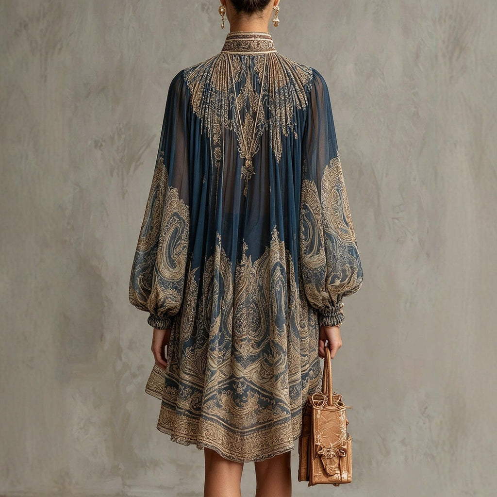 Robe tunique en chiffon éthéré pour femmes avec col montant et manches ballon Echoarchiv