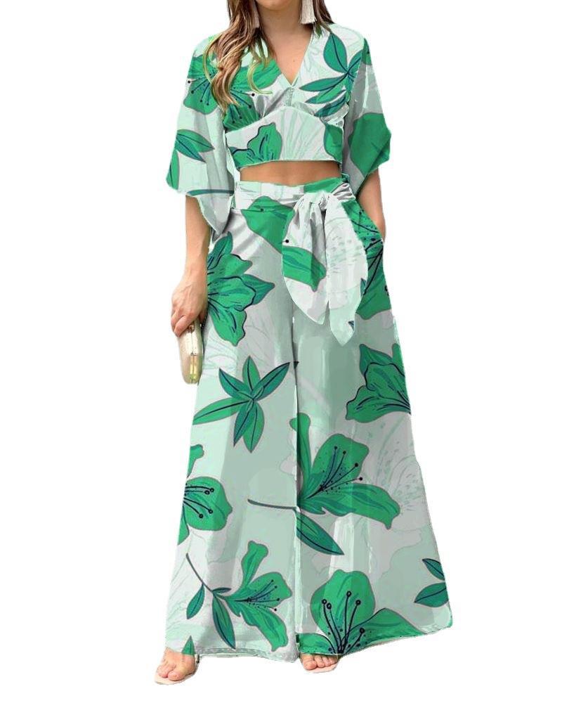 Ensemble d'été deux pièces pour femmes avec crop-top à nouer et pantalons palazzo taille haute EB