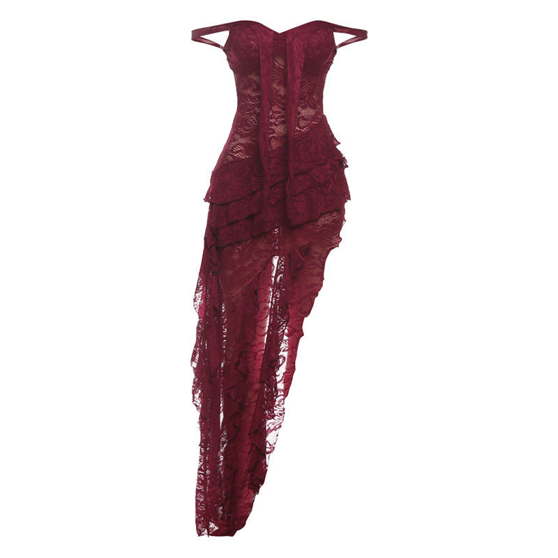 Robe asymétrique en dentelle pour femmes avec détails en volants R&B