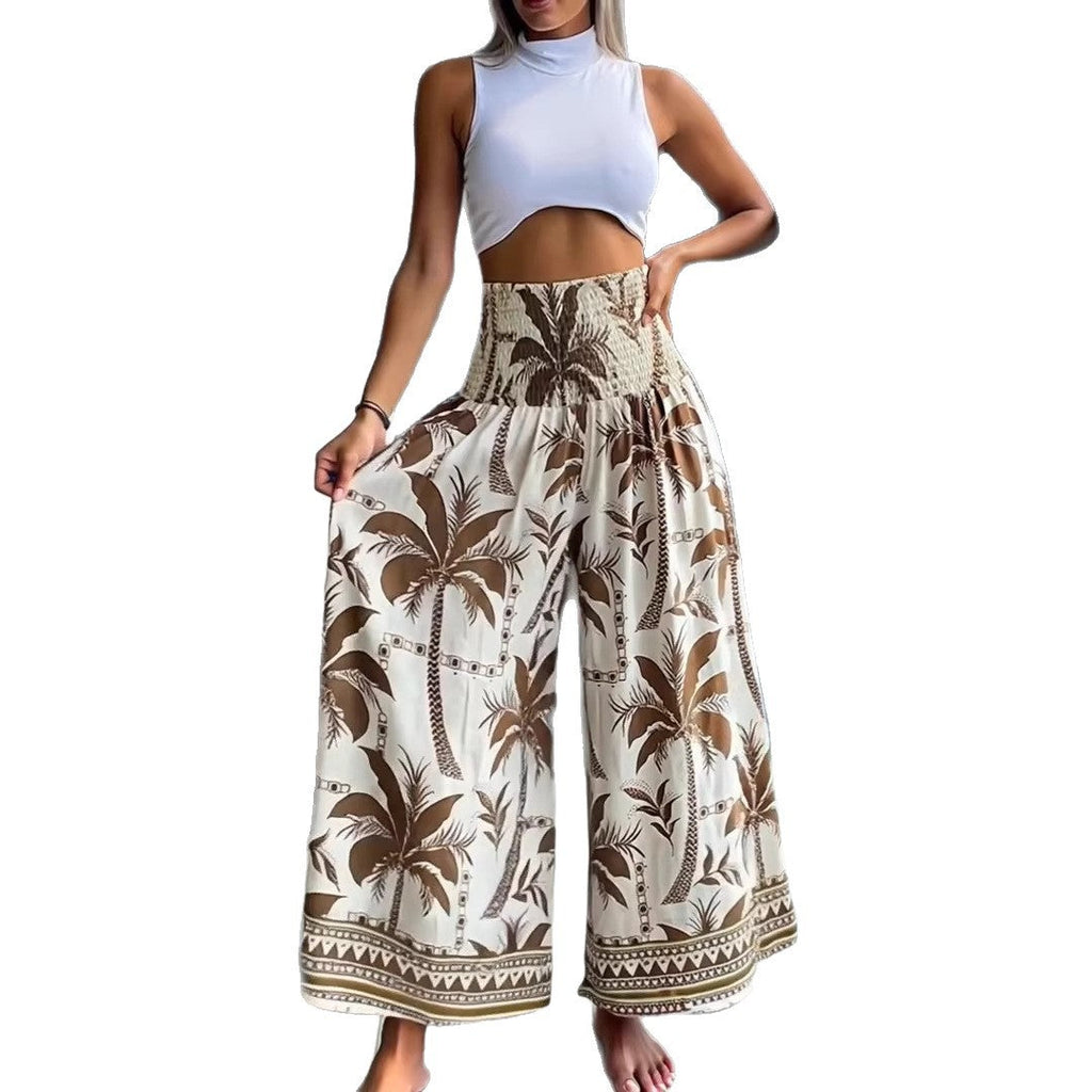 Jupe maxi pour femmes avec taille smockée haute et imprimé bohème de palmiers