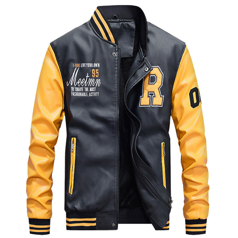 Veste en cuir Varsity pour hommes au style universitaire avec patch logo brodé, design à manches contrastées et bords côtelés Echo Archiv