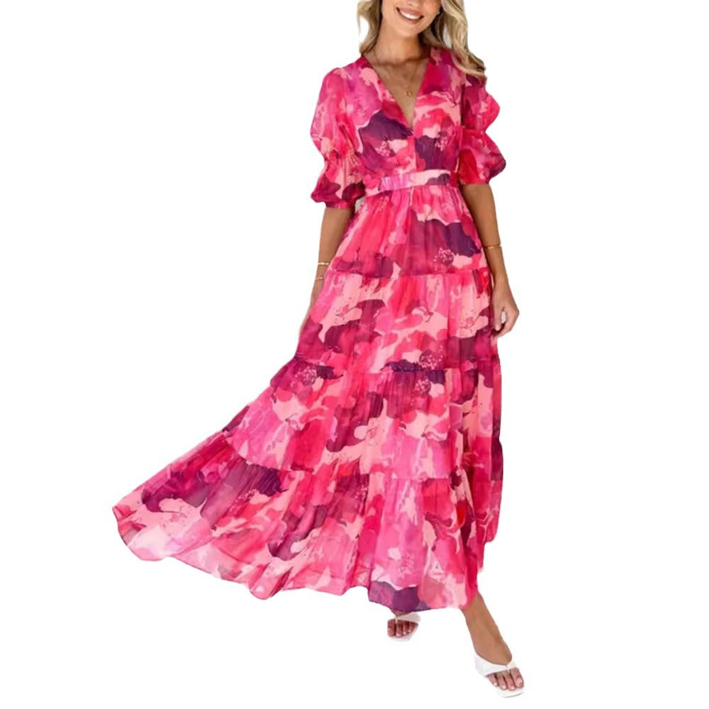 Robe maxi à volants pour femmes avec décolleté en V et taille empire froncée R&B