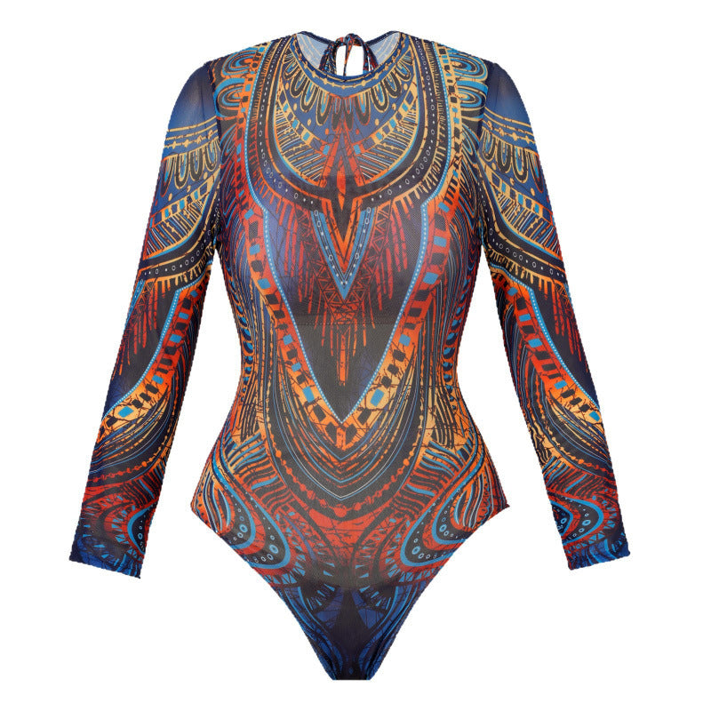 Maillot de bain à manches longues pour femmes avec motif graphique coloré R&B