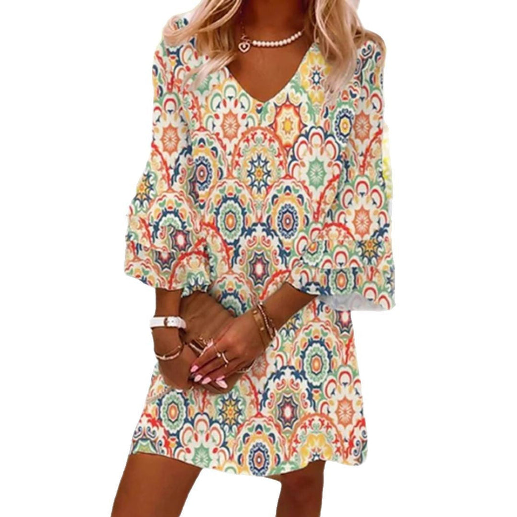Robe mini A-line à manches cloche trois-quarts et décolleté en V pour femmes avec imprimé mandala ornemental R&B