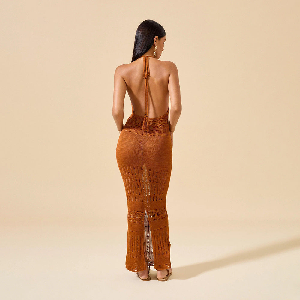 Robe maxi en crochet élégante pour femmes avec décolleté plongeant R&B