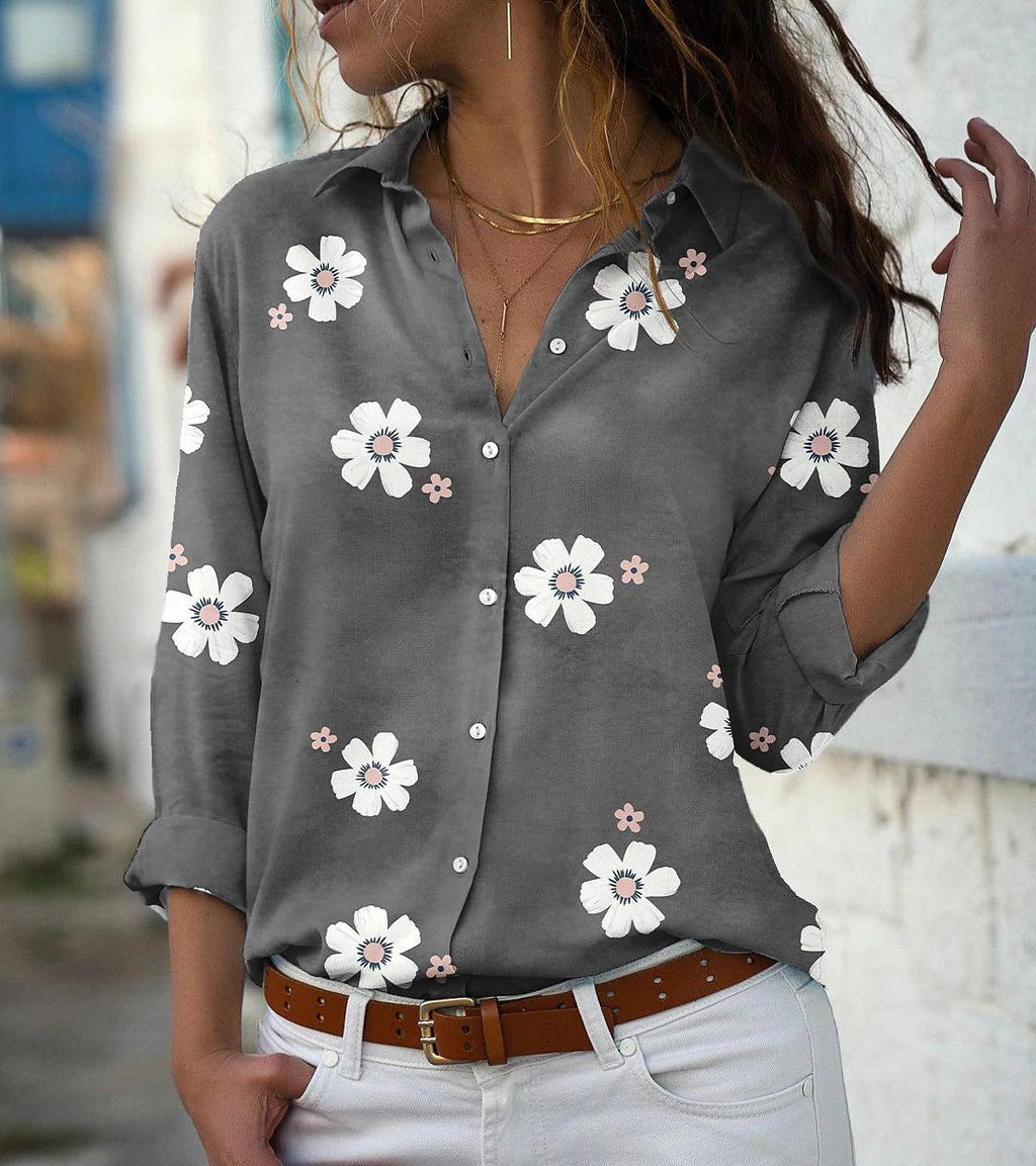 Blouse pour femmes avec motif floral, col chemise et coupe décontractée Echoarchiv
