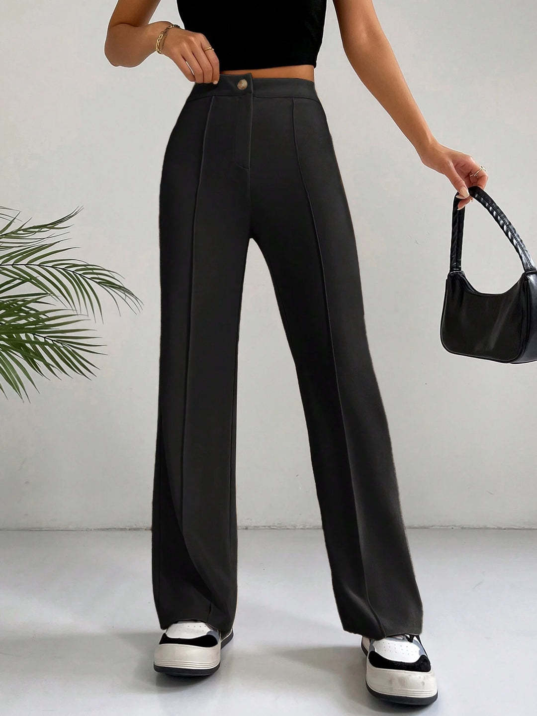 Pantalon Palazzo Femme Taille Haute avec Pli Marqué et Jambes Amples