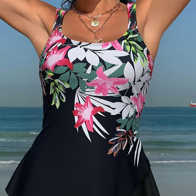 Tankini de sport pour femmes avec design floral et ourlet fluide R&B