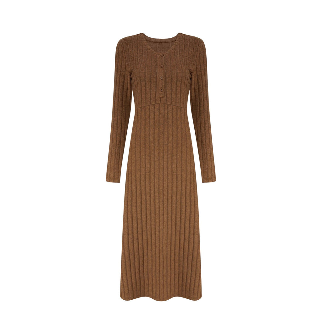 Robe maxi en tricot côtelé pour femmes avec couture à la taille et patte de boutonnage Echoarchiv