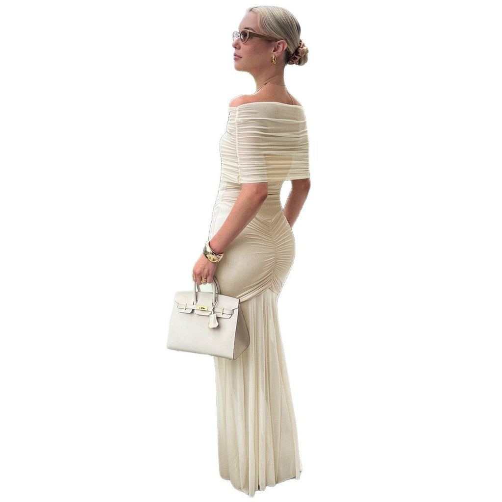 Robe de soirée sans épaules pour femmes avec sous-robe en jersey ajustée et jupe en chiffon transparent R&B