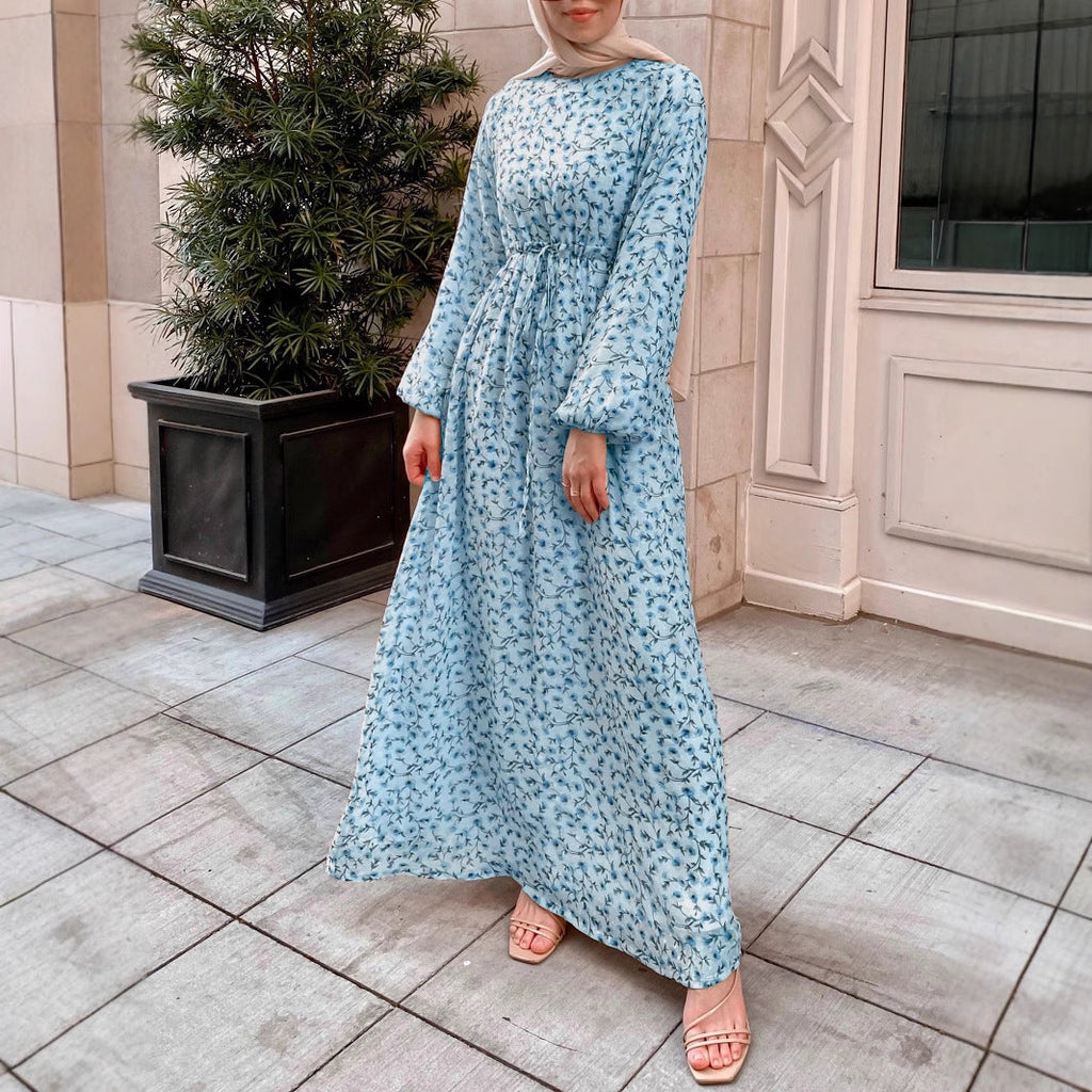 Robe maxi à fleurs pour femmes avec taille à cordon et manches ballon