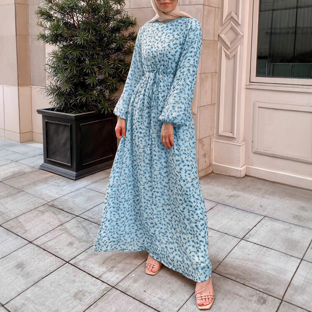 Robe maxi à fleurs pour femmes avec taille à cordon et manches ballon