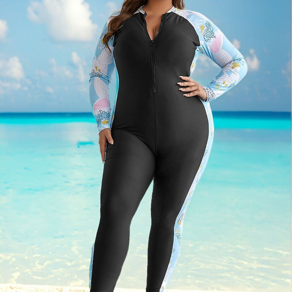 Maillot de bain une pièce pour femmes avec protection UV, manches longues et fermeture éclair R&B