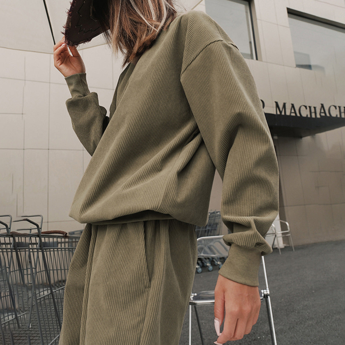 Ensemble Lounge Oversize Femme en Jersey Texturé avec Col Rond et Pantalon Élastique