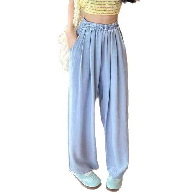 Pantalon palazzo large en look lin pour femmes avec taille haute, ceinture élastique et poches