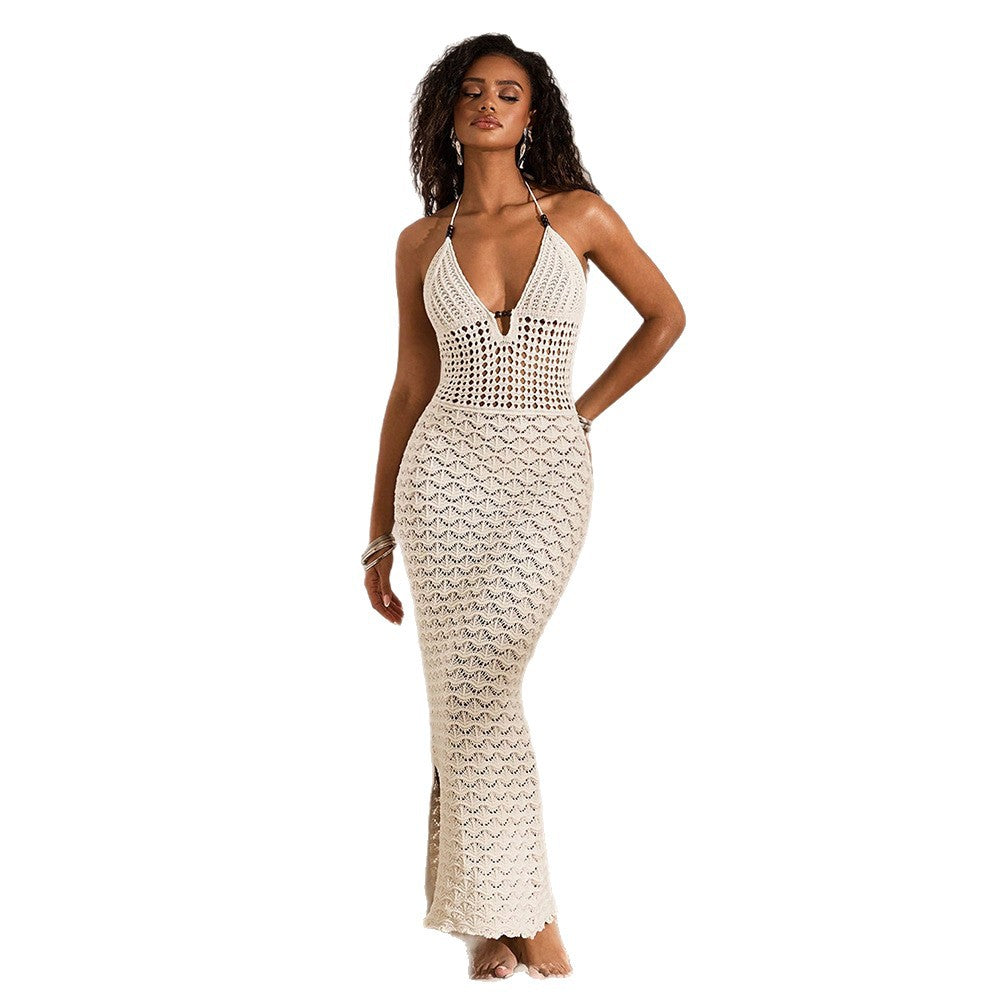 Robe de plage élégante en crochet pour femmes avec décolleté en V profond R&B