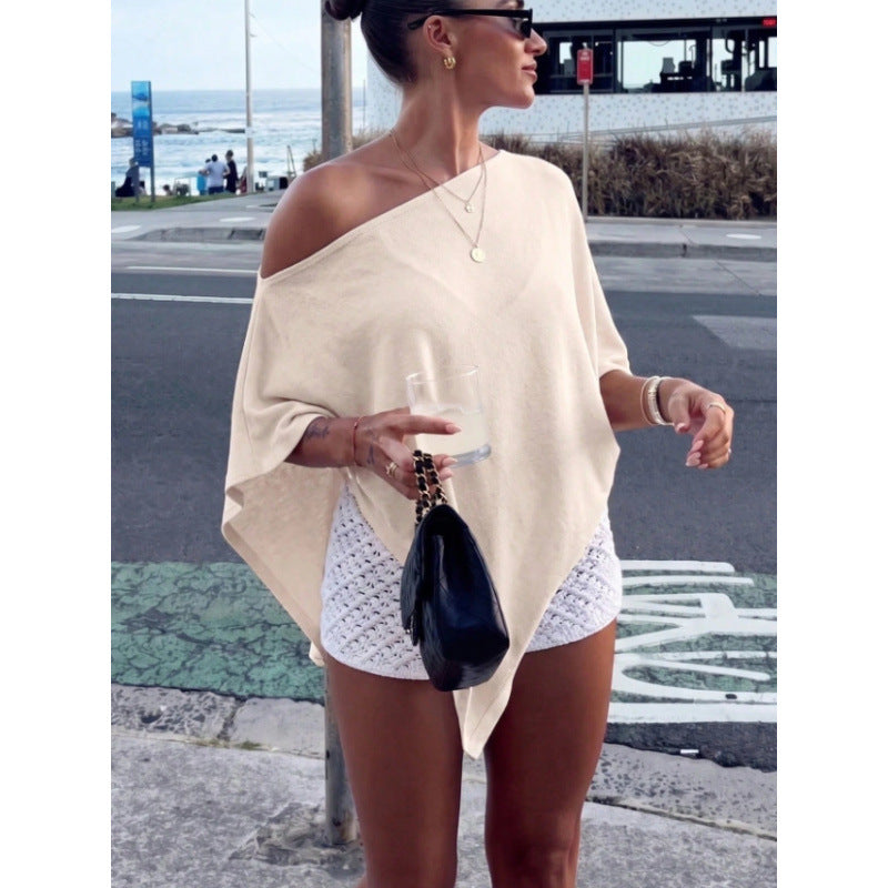 Top poncho asymétrique à épaules nues pour femmes en tricot léger Echoarchiv