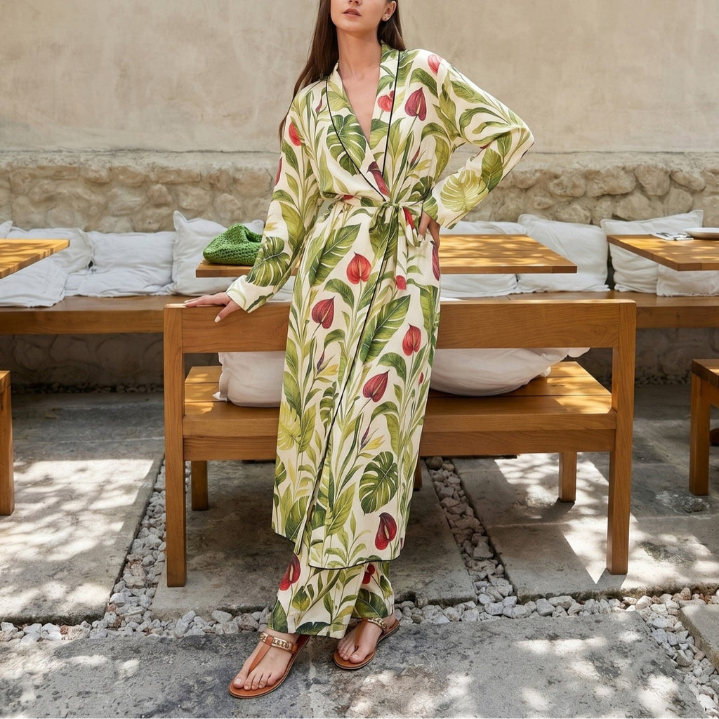 Manteau Kimono Long pour Femmes avec Ceinture à la Taille et Pantalon Palazzo Ample en Imprimé Tropical Echoarchiv