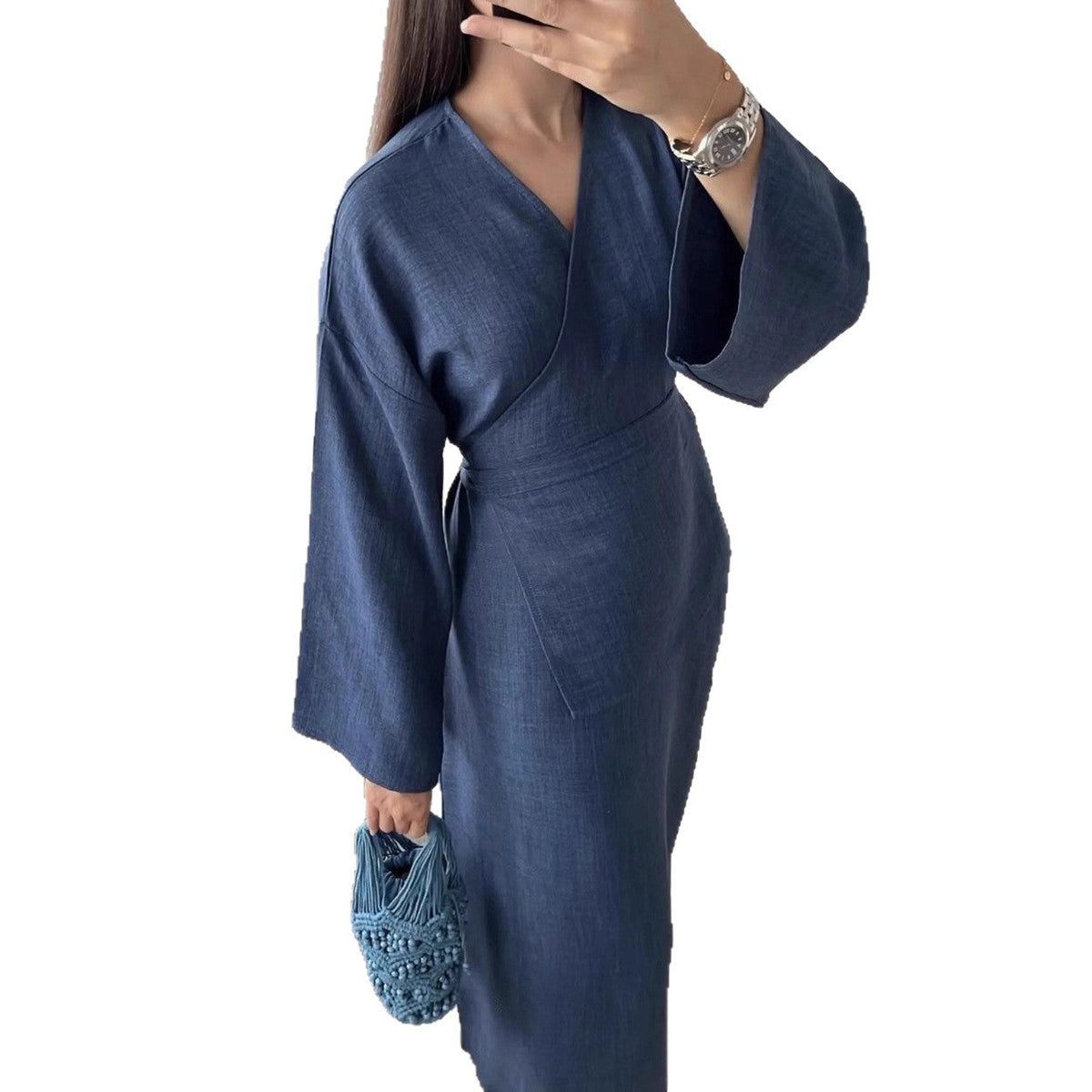 Robe maxi portefeuille pour femmes en effet lin avec manches kimono et taille cintrée Echoarchiv