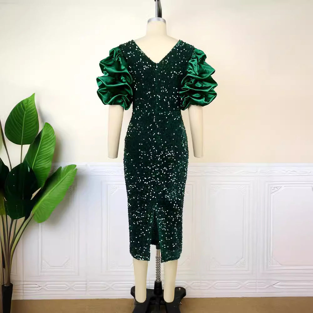 Robe de soirée glamour pour femmes avec des sequins scintillants et des manches volumineuses R&B