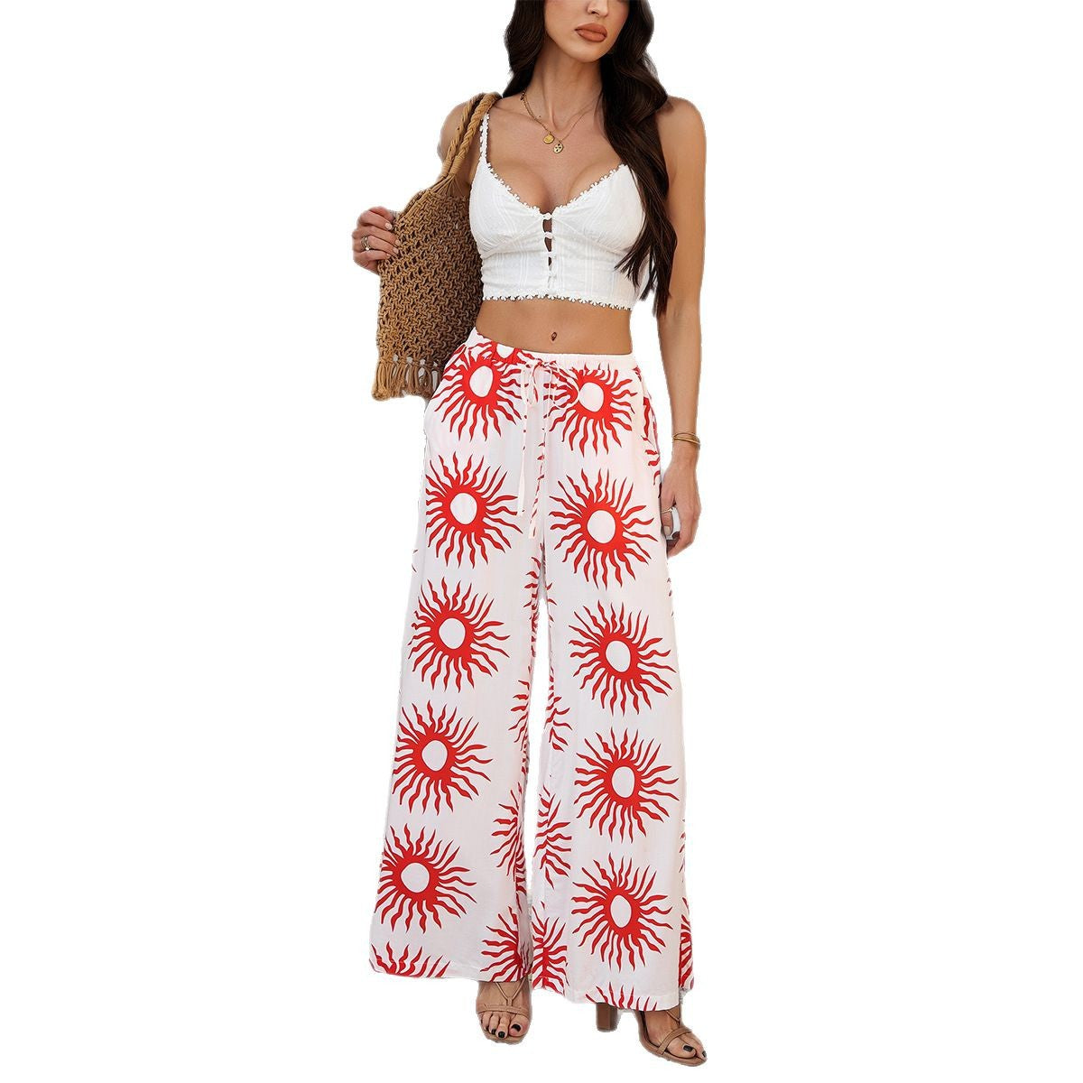 Pantalon Palazzo ample pour femmes avec cordon de serrage, poches latérales et imprimé carrelé méditerranéen Echo Archiv