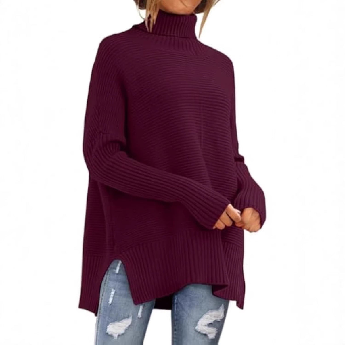 Pull à col roulé oversize en maille côtelée pour femmes avec fentes latérales et ourlet allongé