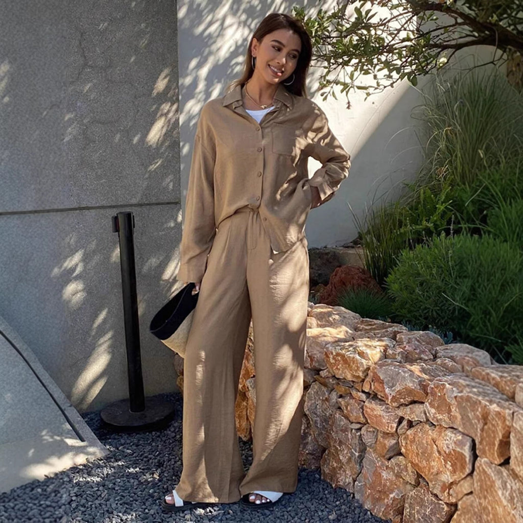 Ensemble de détente en lin pour femmes avec chemise oversize et pantalon palazzo à cordon Echo Archiv