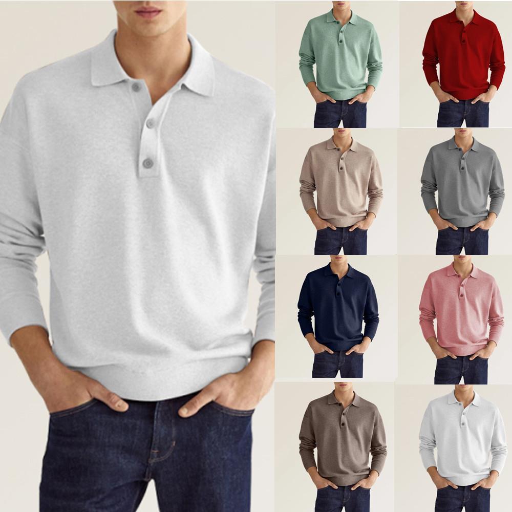 Polo-Sweater en maille fine pour hommes avec manches longues, poignets côtelés et patte de boutonnage subtile EB