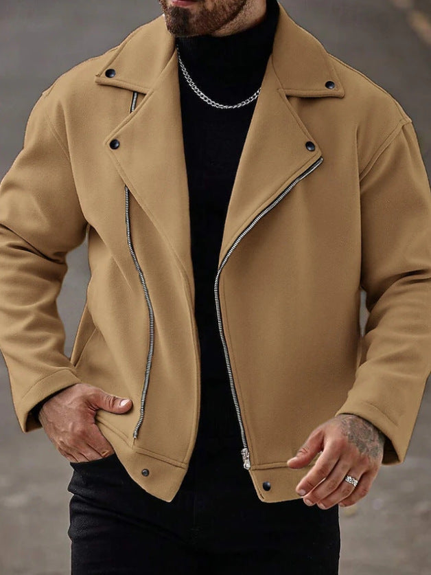 Veste de moto oversize pour hommes en mélange de laine avec fermeture éclair asymétrique et détails à boutons-pression