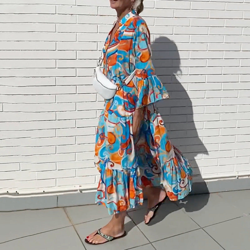 Robe maxi aérienne pour femmes avec imprimé aquarelle, décolleté en V, patte de boutonnage et jupe à volants R&B