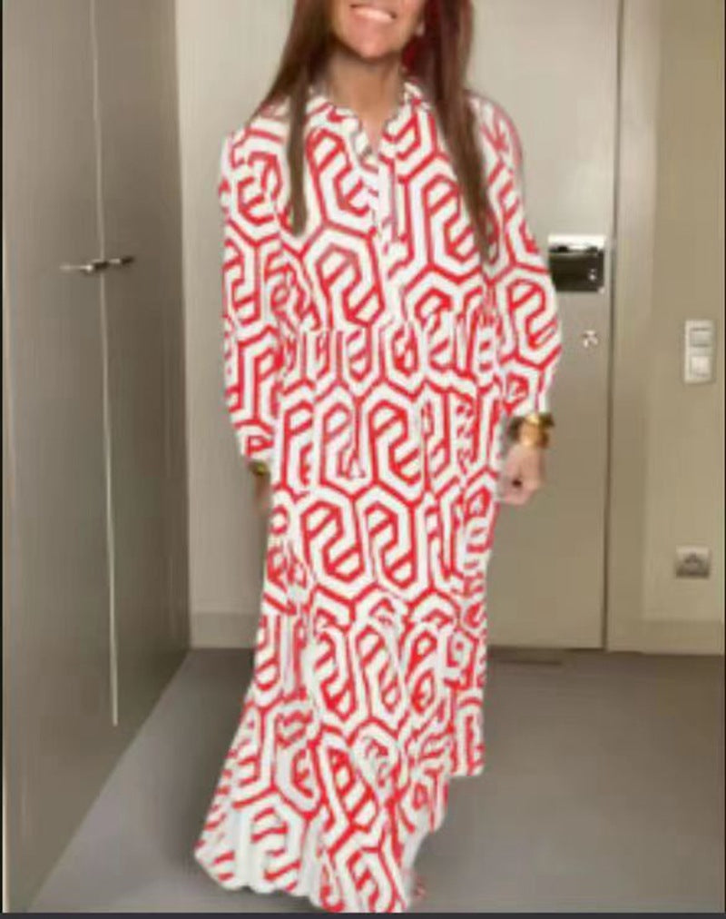 Robe à volants avec col chemise pour femme, imprimé géométrique en allover et taille froncée R&B