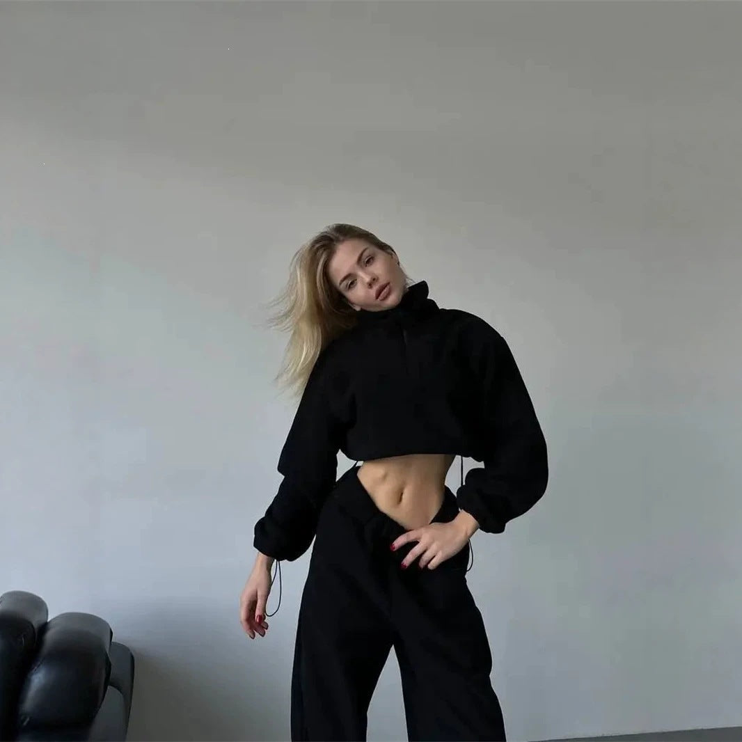 Sweat-shirt cropped en polaire pour femmes avec demi-zip et cordon de serrage Echoarchiv