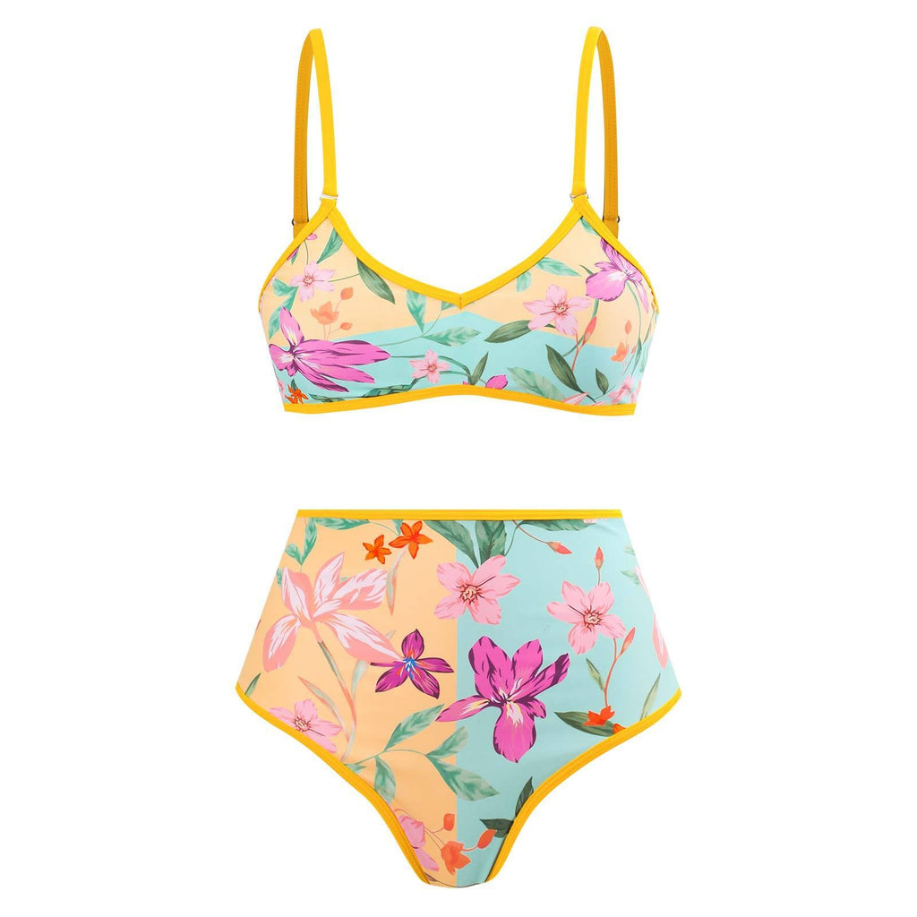 Bikini taille haute pour femmes avec motif floral et détail contrastant R&B