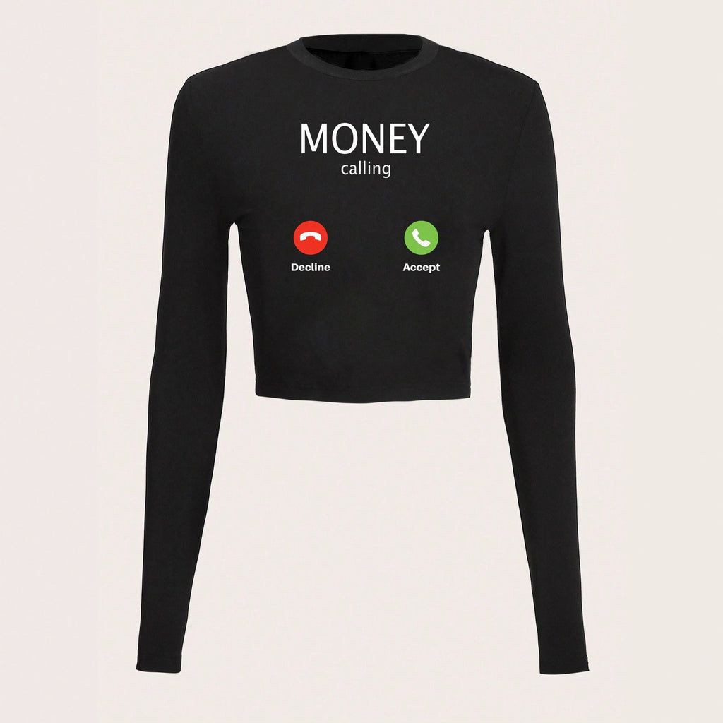 T-shirt cropped à manches longues pour femmes avec impression statement accrocheuse et design d'icône d'appel Echo Archiv