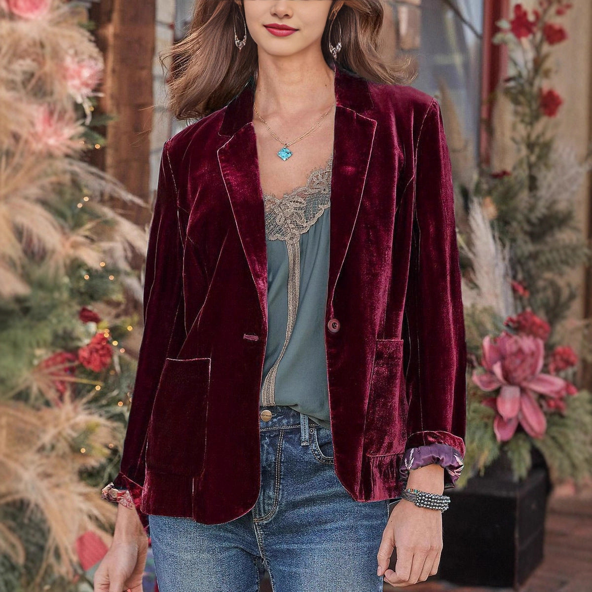 Blazer en velours pour femmes avec revers classique et tombé doux