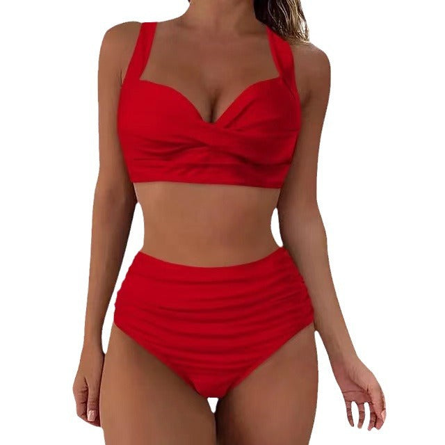 Ensemble de bikini taille haute pour femmes avec un élégant effet plissé R&B