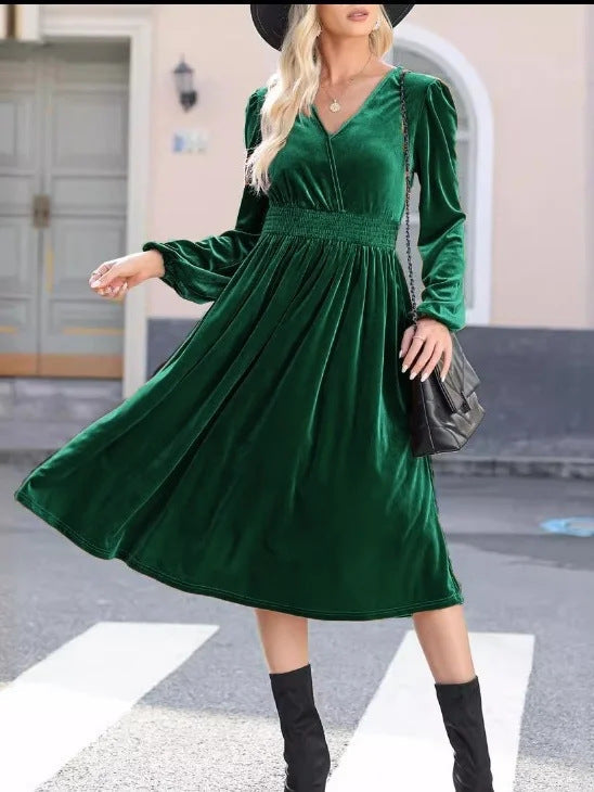 Robe midi en velours pour femmes avec décolleté en V, taille smock froncée et manches ballon longues