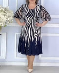 Robe midi cintrée pour femmes avec motif animal graphique, manches bouffantes transparentes et jupe plissée fluide R&B