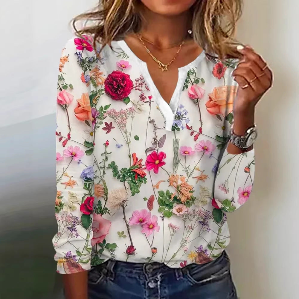 Blouse Longue Florale Femme en Look Chiffon avec Décolleté en V et Silhouette Décontractée Echoarchiv