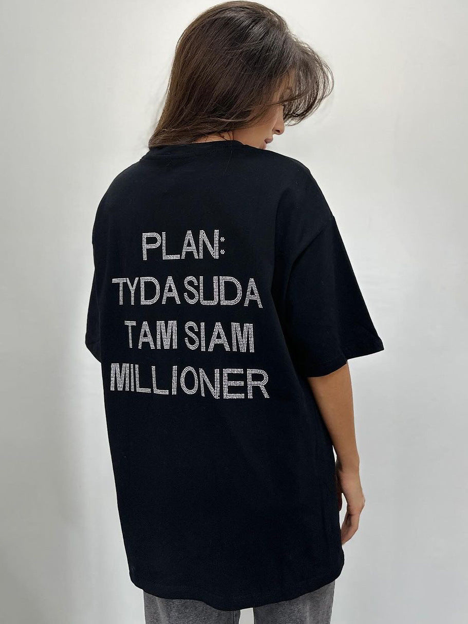 T-shirt oversize pour femmes avec inscription en strass dans le dos