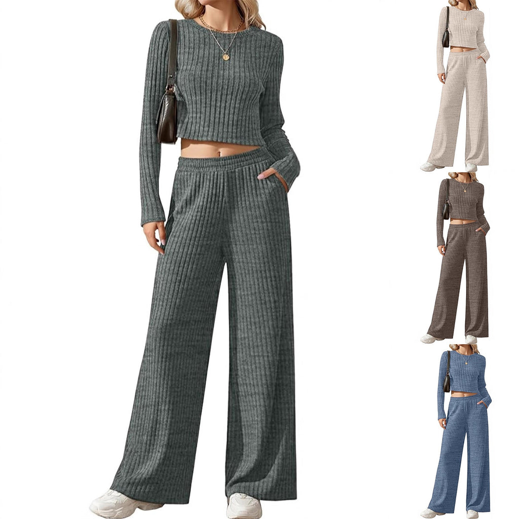Ensemble Lounge en Tricot Fins Côtelé pour Femmes avec Top à Manches Longues Court et Pantalon Palazzo Taille Haute Echoarchiv