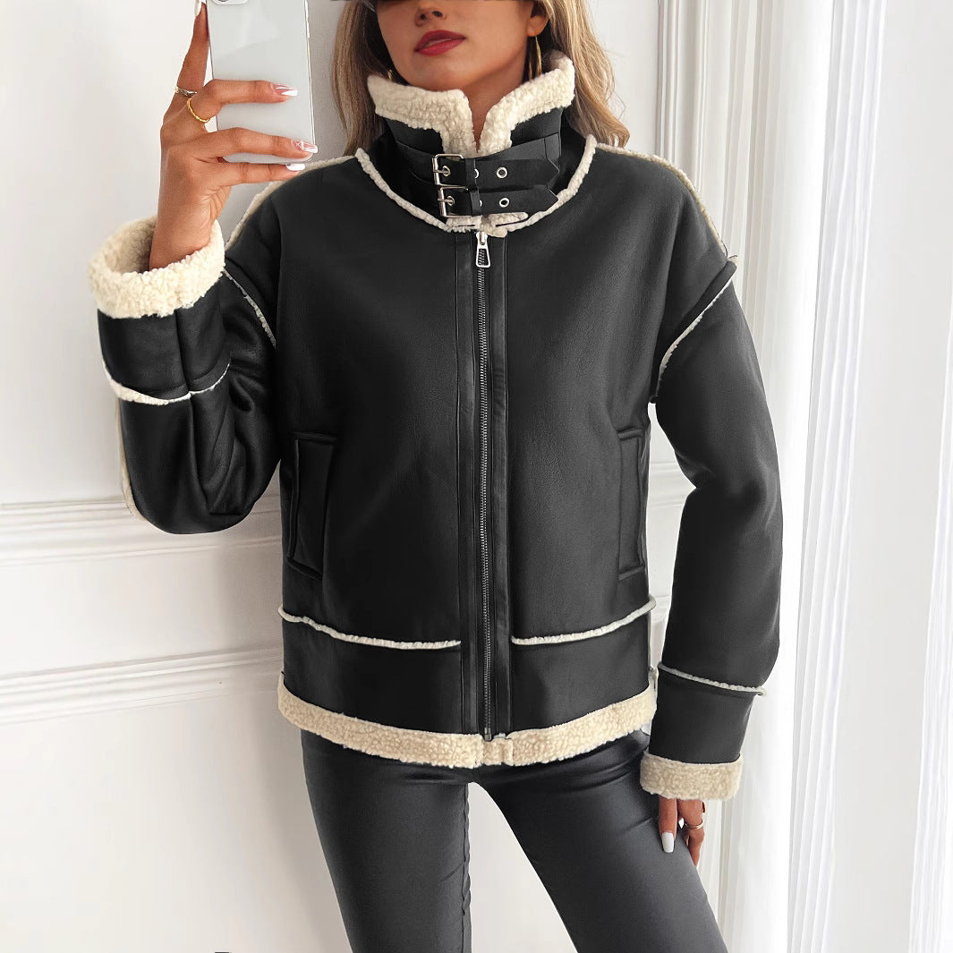 Veste en simili cuir pour femmes avec doublure en teddy et fermeture éclair