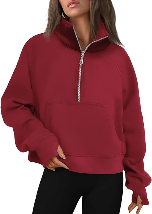 Sweat à capuche femme en polaire oversize raccourci avec demi-fermeture éclair, col montant, poche kangourou et poignets avec trou pour le pouce Echo Archiv