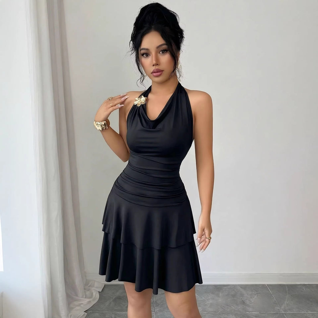 Robe midi à bretelles pour femmes avec décolleté en cascade, fronces cintrées et jupe à volants en cascade R&B