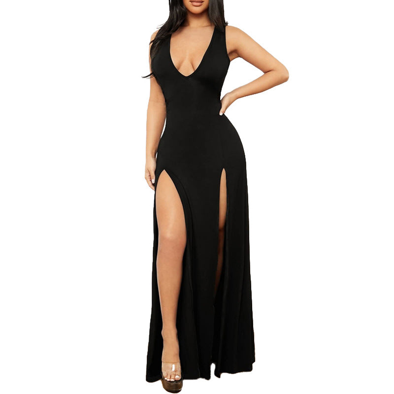 Robe Maxi Élégante pour Femmes avec Décolleté en V Profond et Fentes Latérales R&B