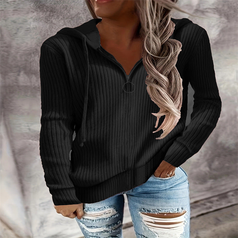 Hoodie à col montant en tricot côtelé pour femmes avec fermeture éclair mi-haute et tirette en anneau Echoarchiv