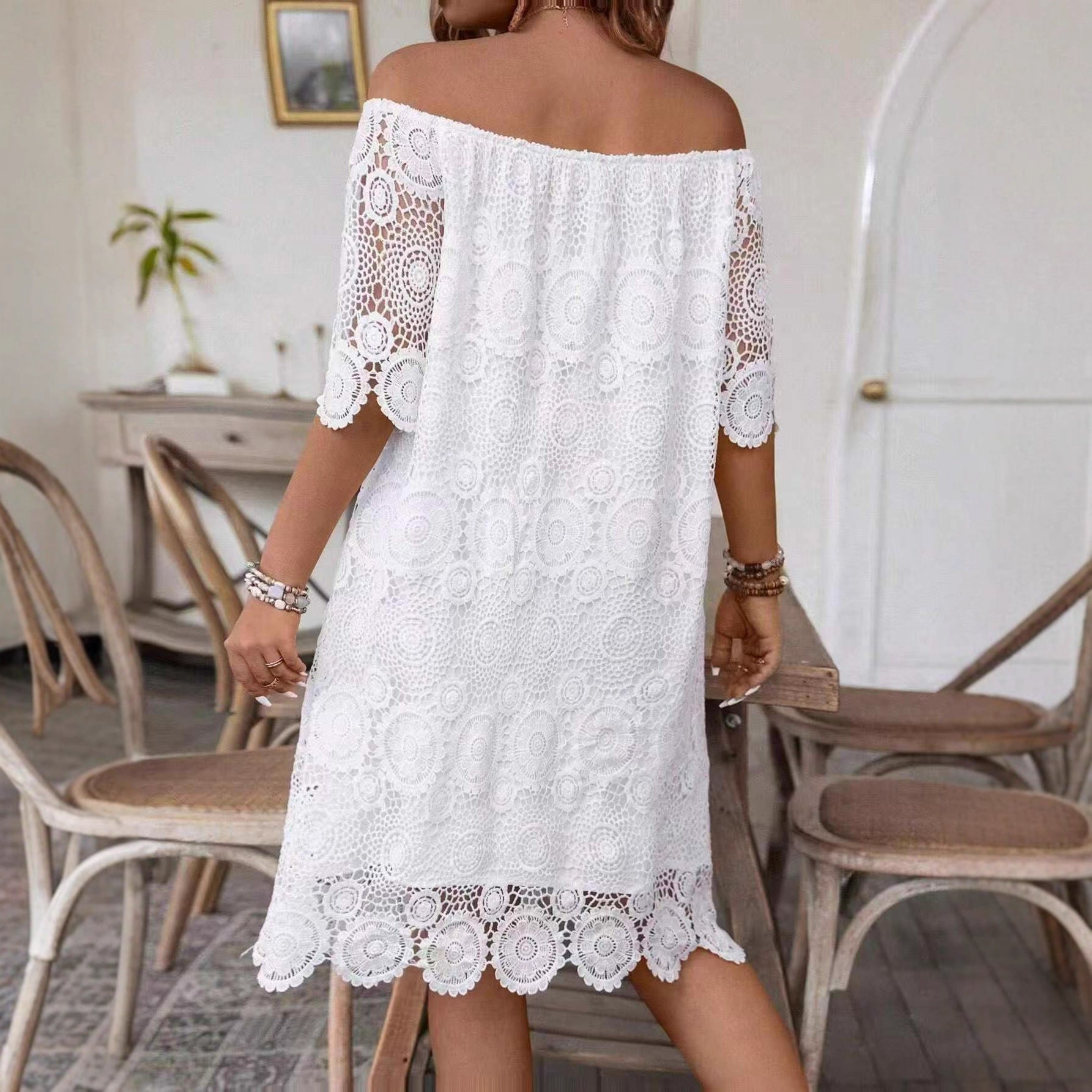 Robe midi en crochet sans épaules pour femmes avec décolleté Carmen et bordure en dentelle florale R&B