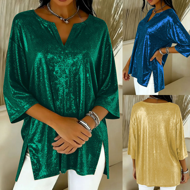 Tunique oversize brillante pour femmes avec décolleté en V et fentes latérales Echoarchiv
